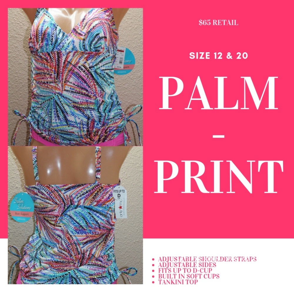 $65 Retail Palm-Print Adjustable Tankini Top NWT